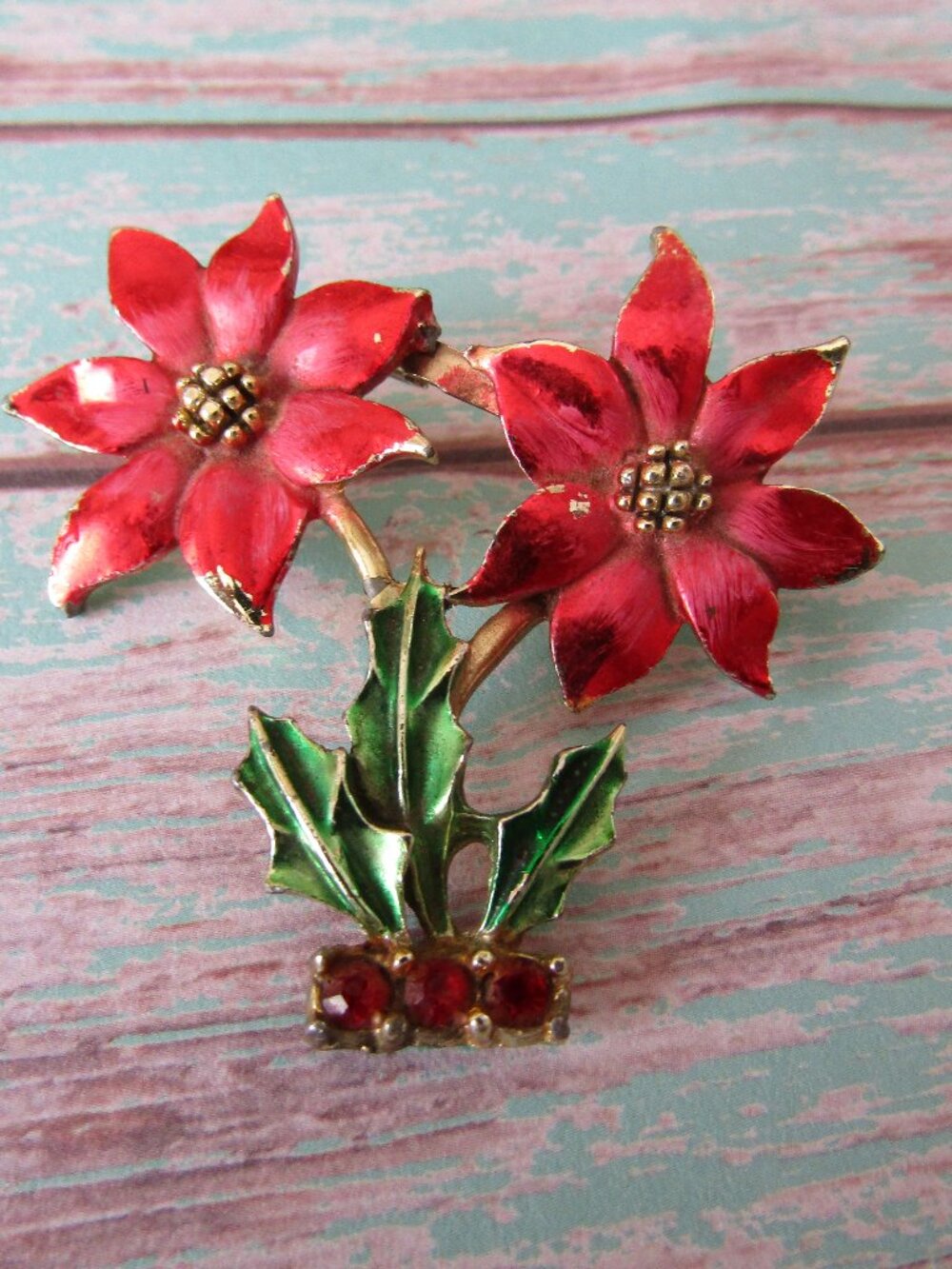 Poinsettia Flowers Red Rhinestone Christmas Flower Brooch Pin Signed B.J.